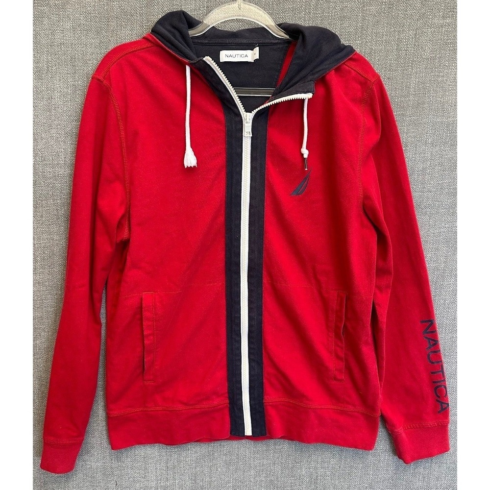 Nautica Mens Full Zip Hoodie Medium Red Navy Blue Stripe Logo KP7373